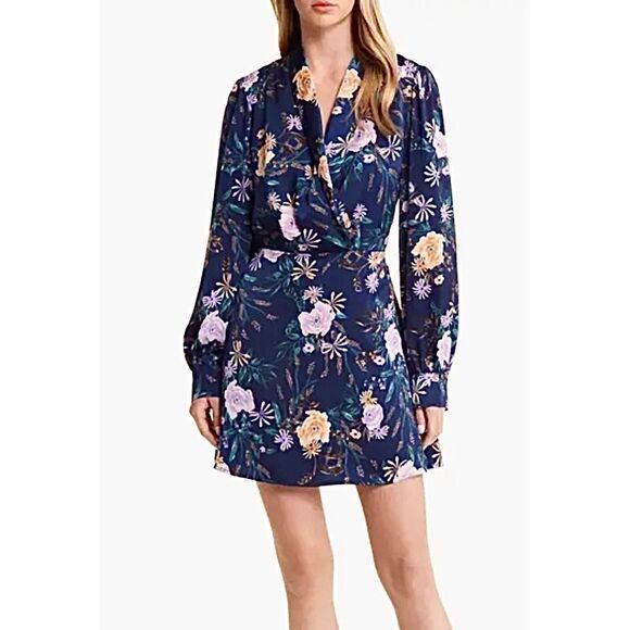 New. Lost And Wander navy floral wrap dress. XS. Retails $98 - Picture 3 of 8
